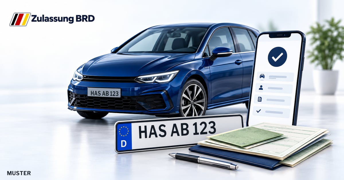 Online Fahrzeugzulassung in Haßfurt: Musterkennzeichen HAS AB 123, Auto und Fahrzeugpapiere und Smartphone. Illustration mit Logo von Zulassung BRD.